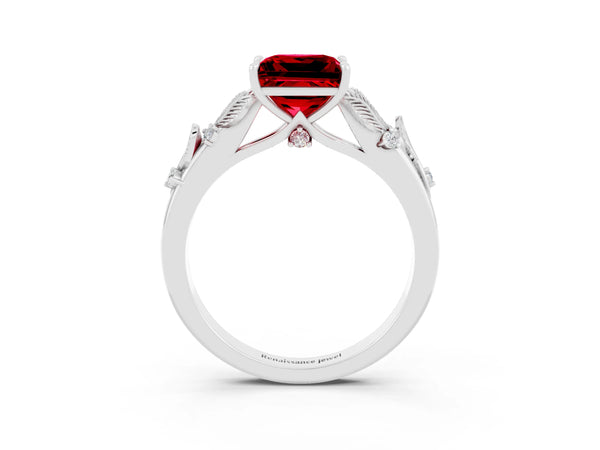 Platinum Princess Cut Ruby Solitaire Ring with Leaf Motif Band and Four-Prong Setting