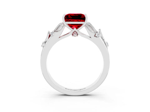 White gold Princess Cut Ruby Solitaire Ring with Leaf Motif Band and Four-Prong Setting_3