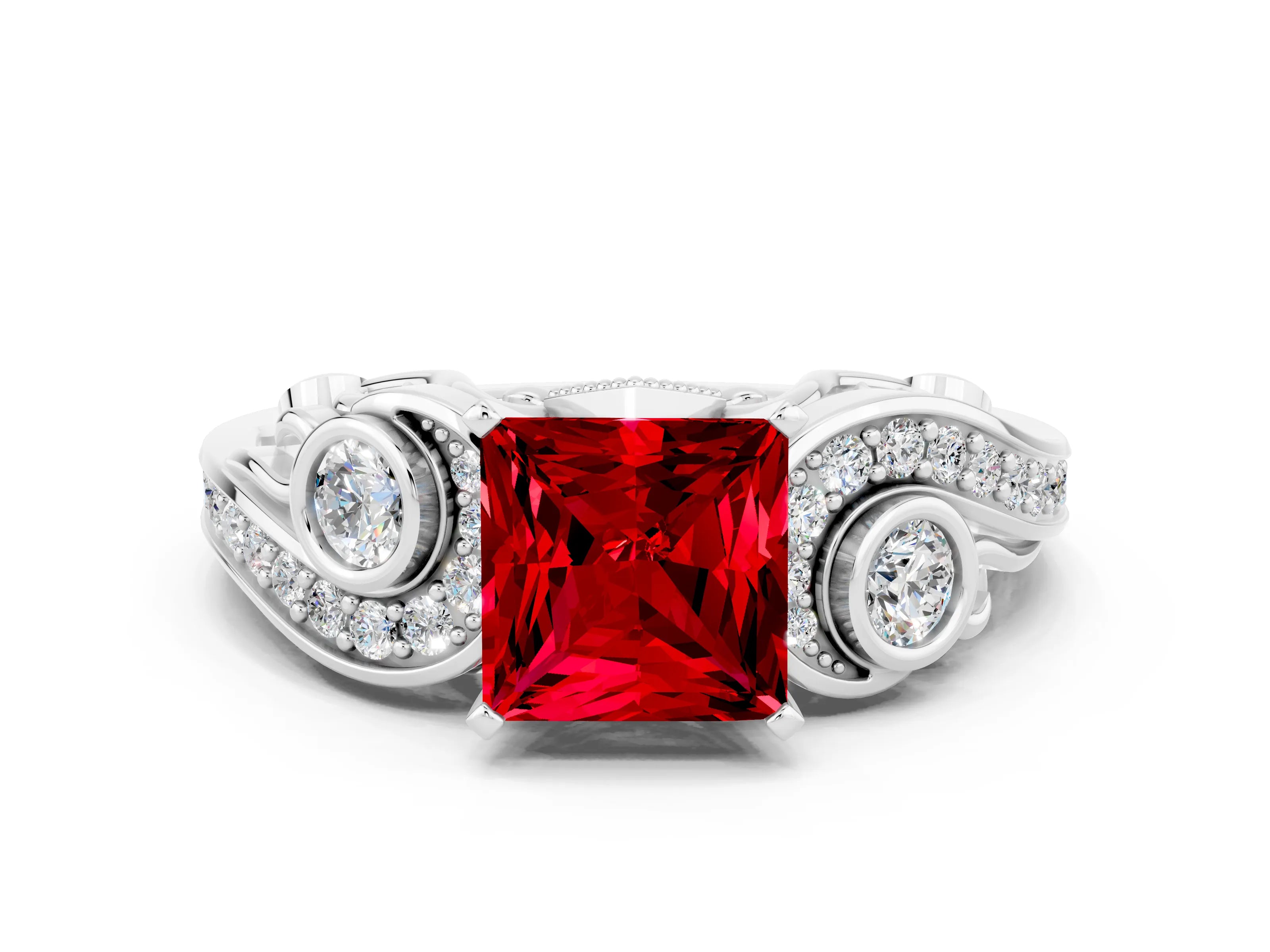 White gold Princess Cut Ruby Solitaire Ring with Milgrain Pavé Band and Four-Prong Setting_12