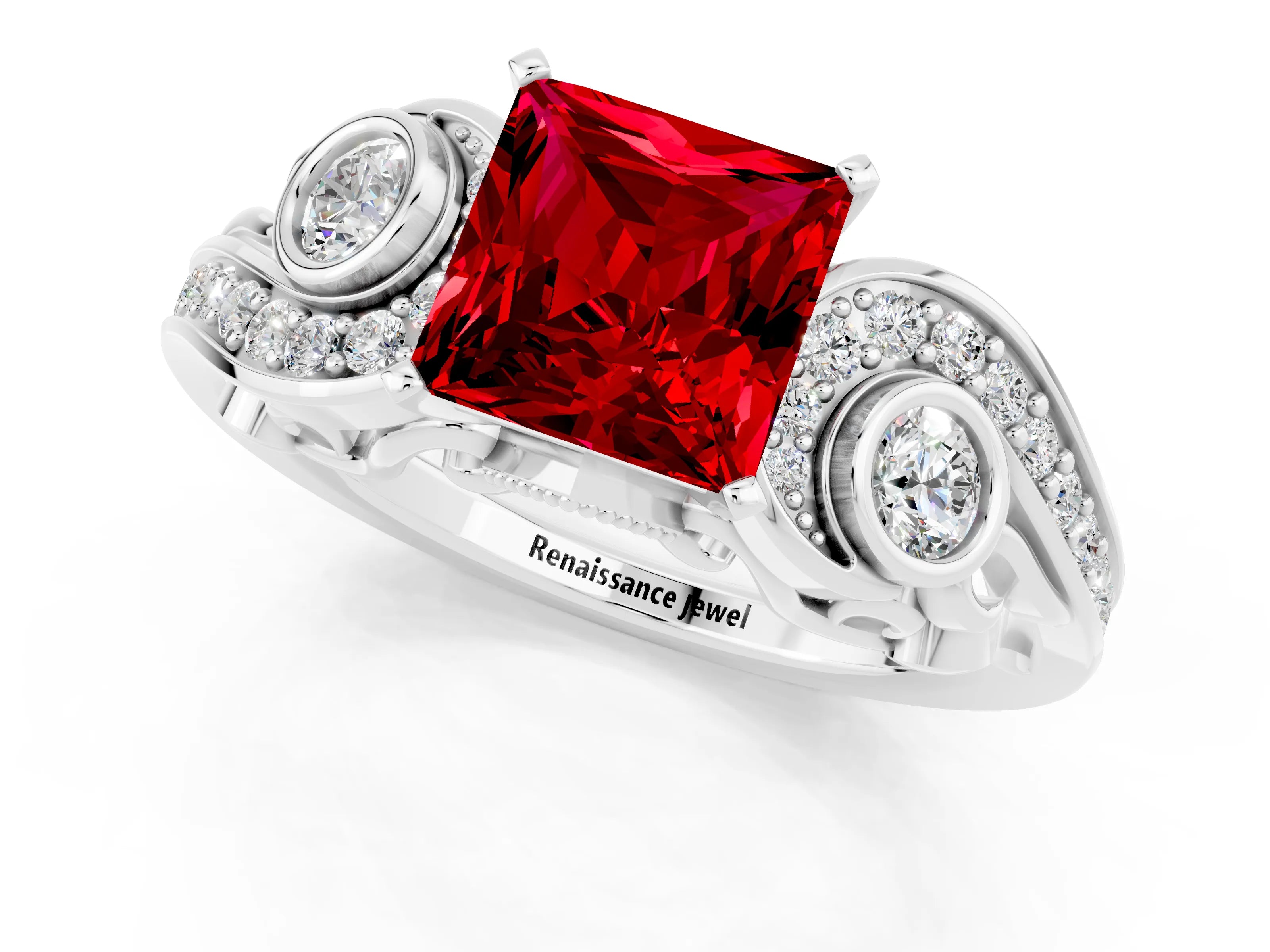 White gold Princess Cut Ruby Solitaire Ring with Milgrain Pavé Band and Four-Prong Setting_13
