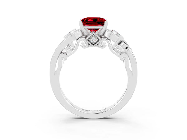 Platinum Princess Cut Ruby Solitaire Ring with Milgrain Pavé Band and Four-Prong Setting