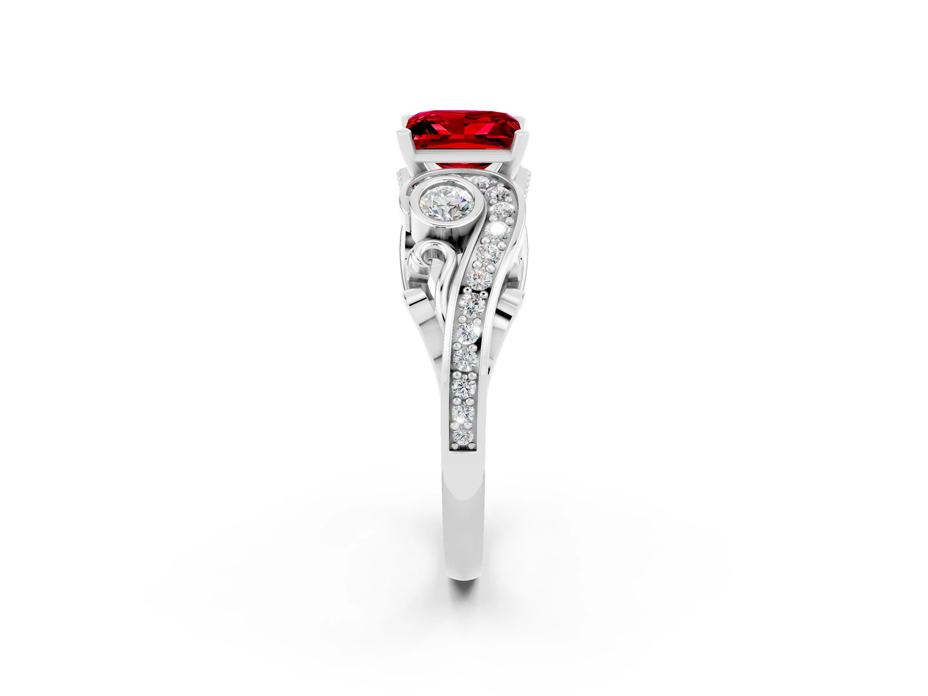 White gold Princess Cut Ruby Solitaire Ring with Milgrain Pavé Band and Four-Prong Setting_50