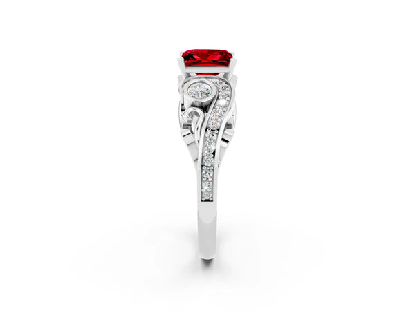White gold Princess Cut Ruby Solitaire Ring with Milgrain Pavé Band and Four-Prong Setting