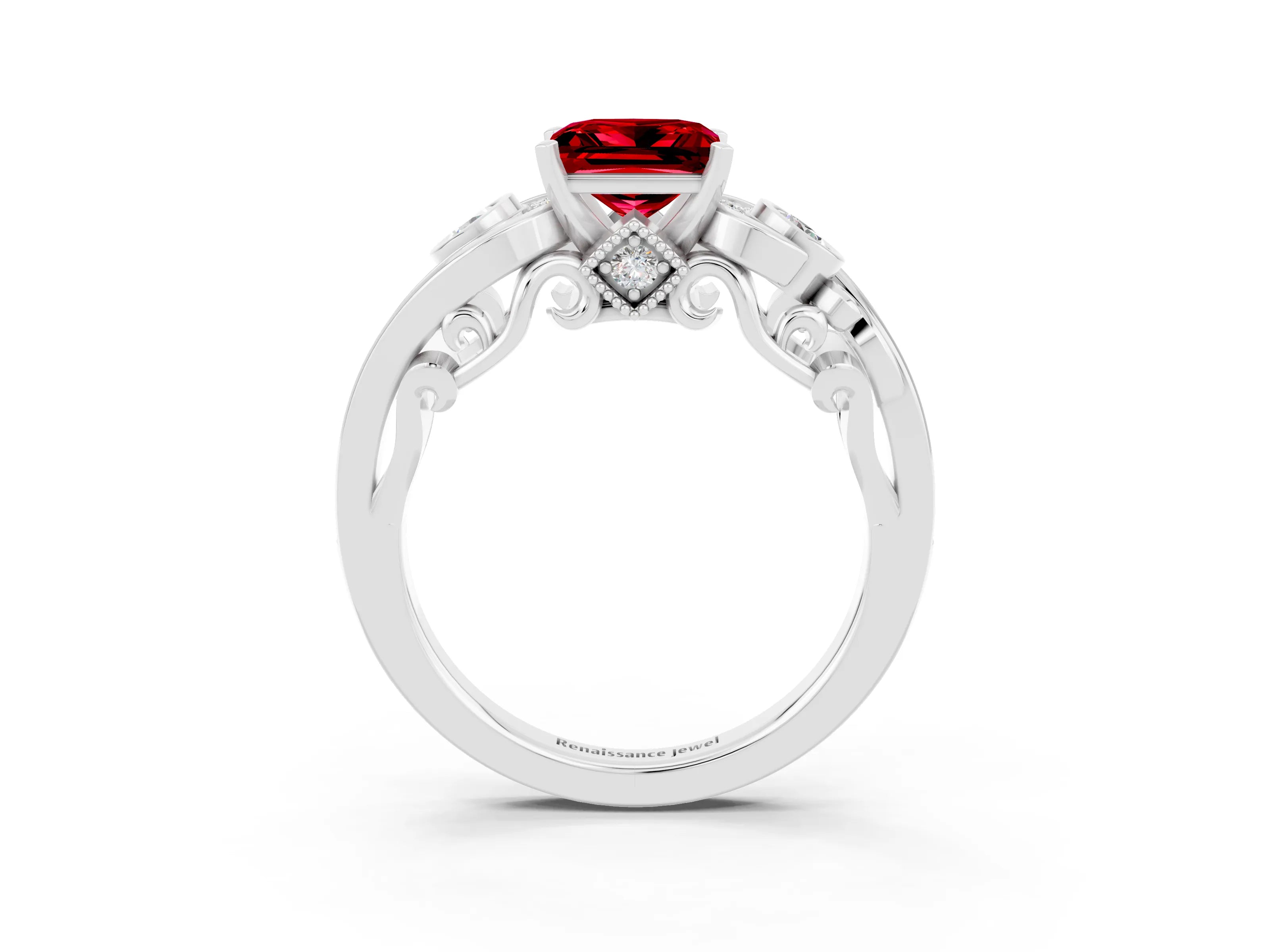 White gold Princess Cut Ruby Solitaire Ring with Milgrain Pavé Band and Four-Prong Setting_51
