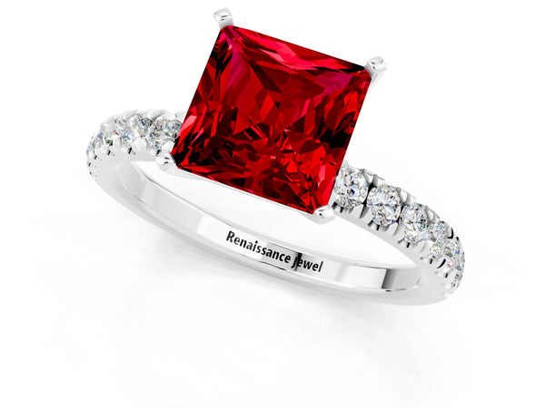 Platinum Princess Cut Ruby Solitaire Ring with Pavé Accents and Four-Prong Setting
