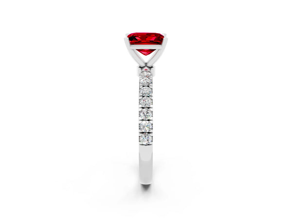 Silver Princess Cut Ruby Solitaire Ring with Pavé Accents and Four-Prong Setting