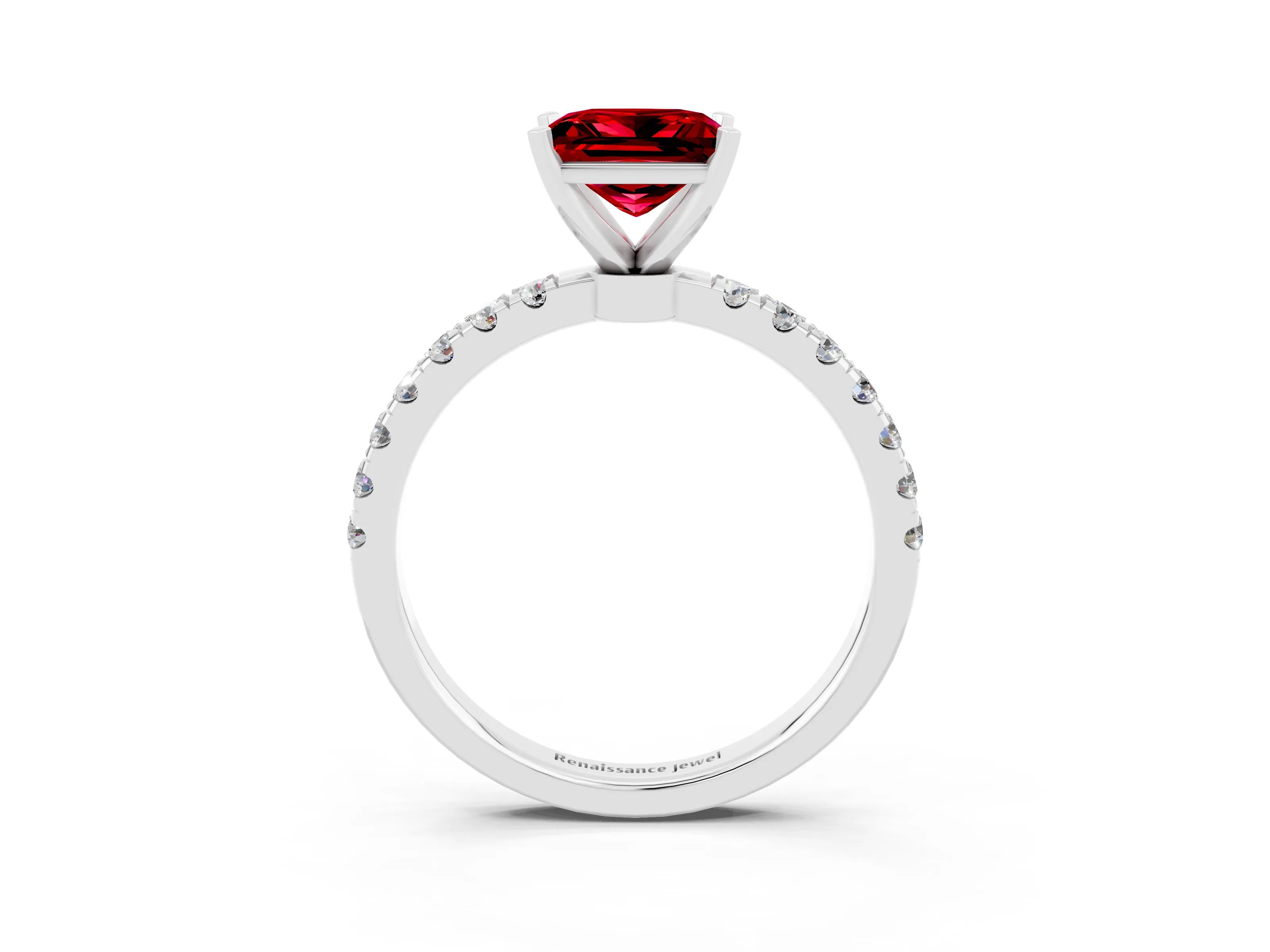 White gold Princess Cut Ruby Solitaire Ring with Pavé Accents and Four-Prong Setting_3