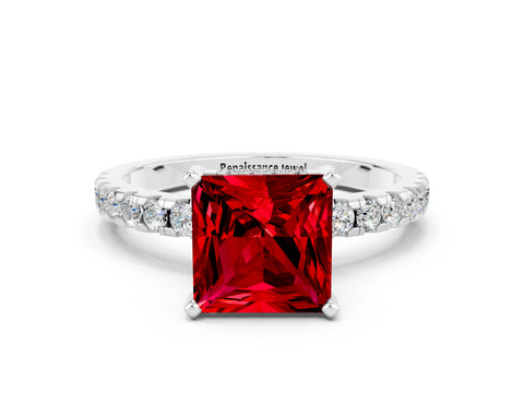 White gold Princess Cut Ruby Solitaire Ring with Pavé Band and Four-Prong Setting_24