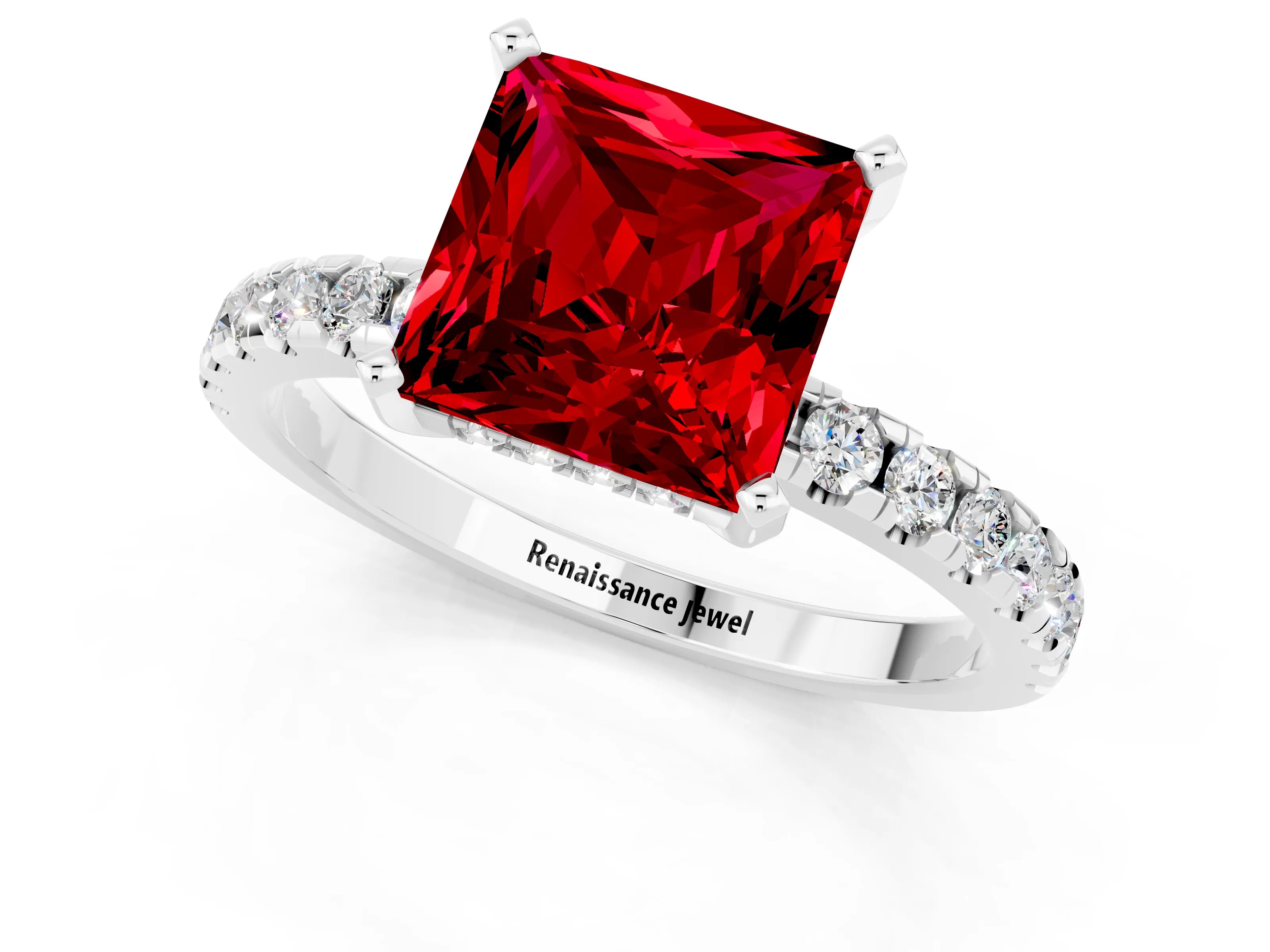 White gold Princess Cut Ruby Solitaire Ring with Pavé Band and Four-Prong Setting_25