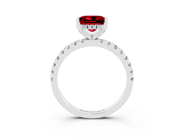 White gold Princess Cut Ruby Solitaire Ring with Round  Pavé Band and Four-Prong Setting