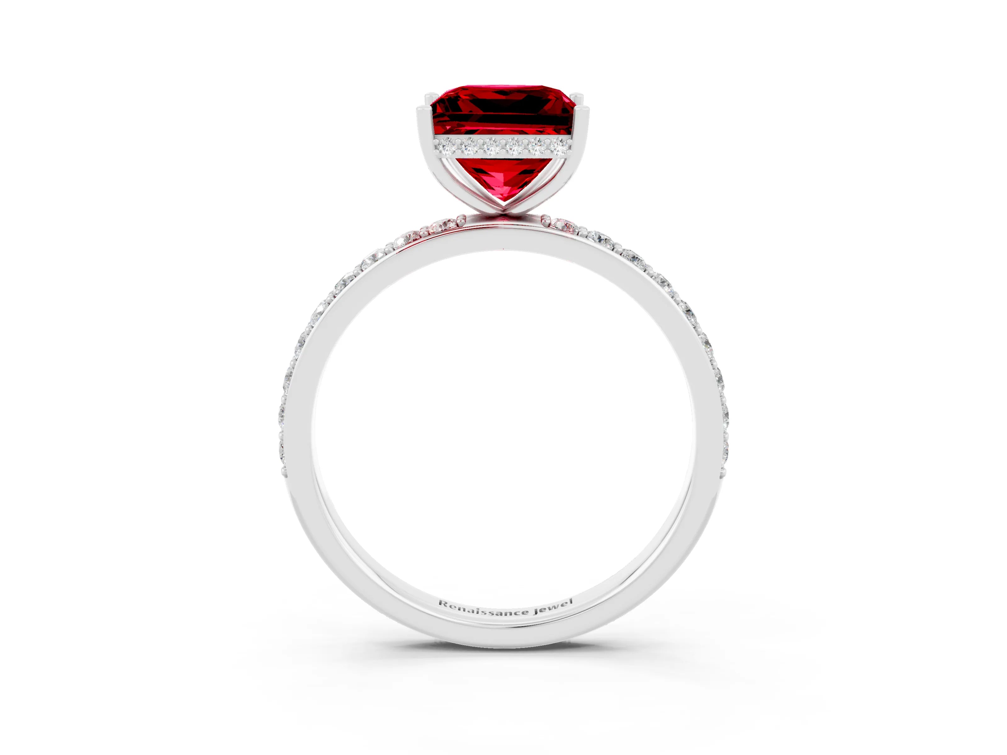 White gold Princess Cut Ruby Solitaire Ring with Pavé Band and Hidden Halo_27