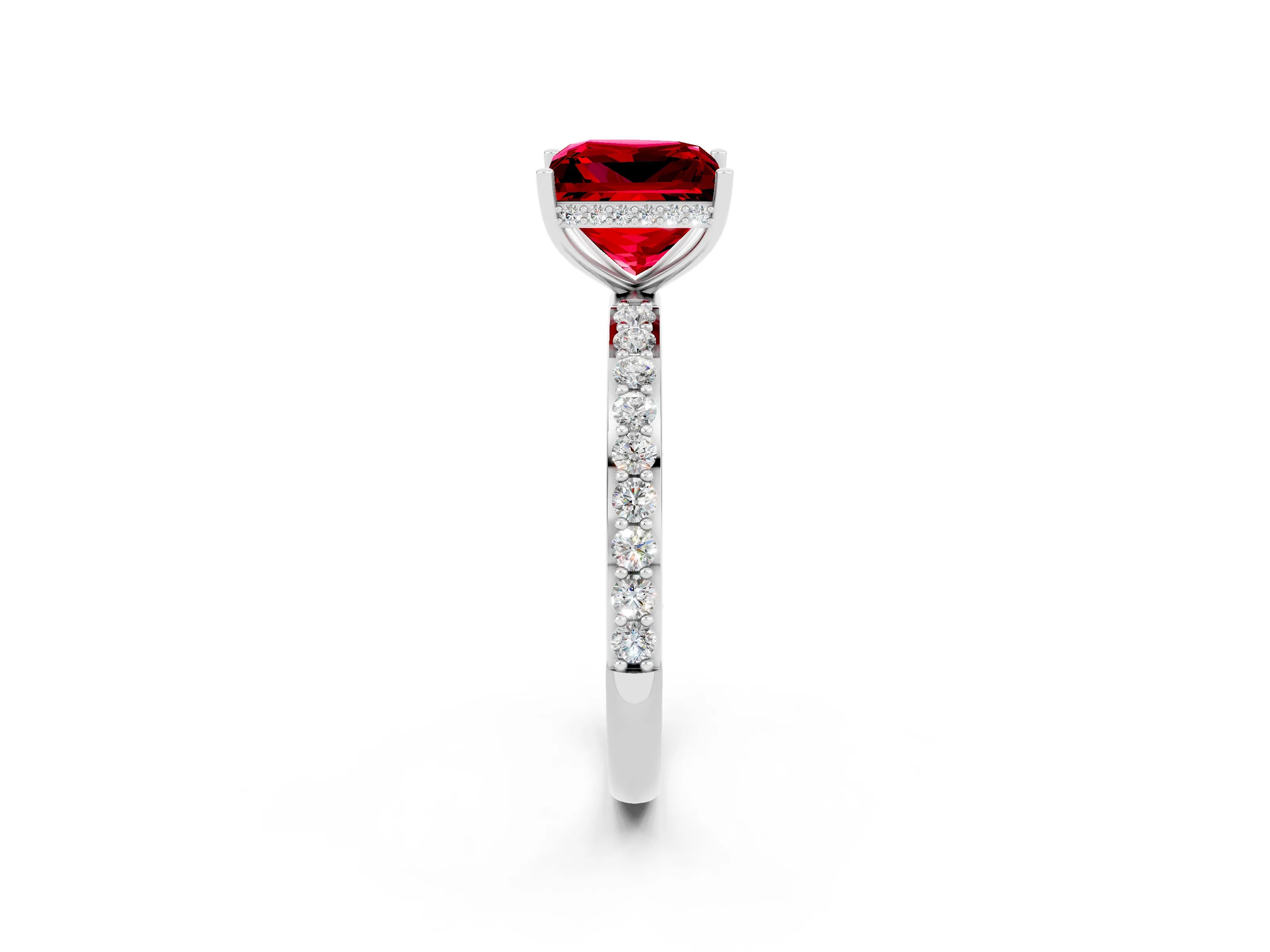 White gold Princess Cut Ruby Solitaire Ring with Pavé Band and Hidden Halo_2