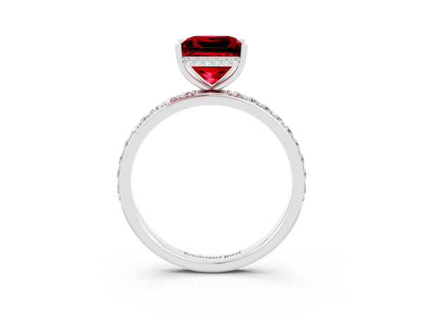 Silver Princess Cut Ruby Solitaire Ring with Pavé Band and Hidden Halo