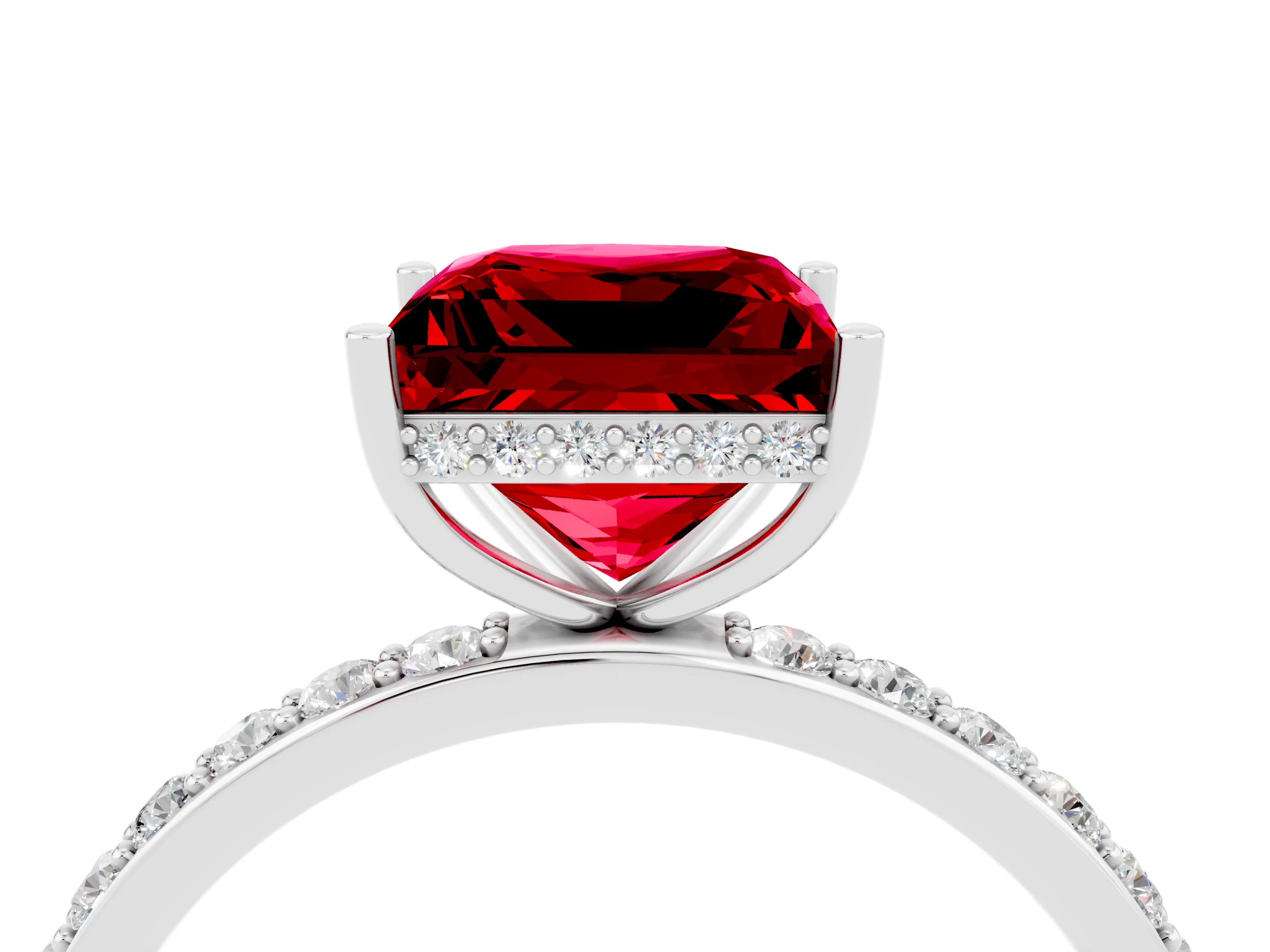 White gold Princess Cut Ruby Solitaire Ring with Pavé Band and Hidden Halo_4