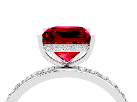 White gold Princess Cut Ruby Solitaire Ring with Pavé Band and Hidden Halo_4