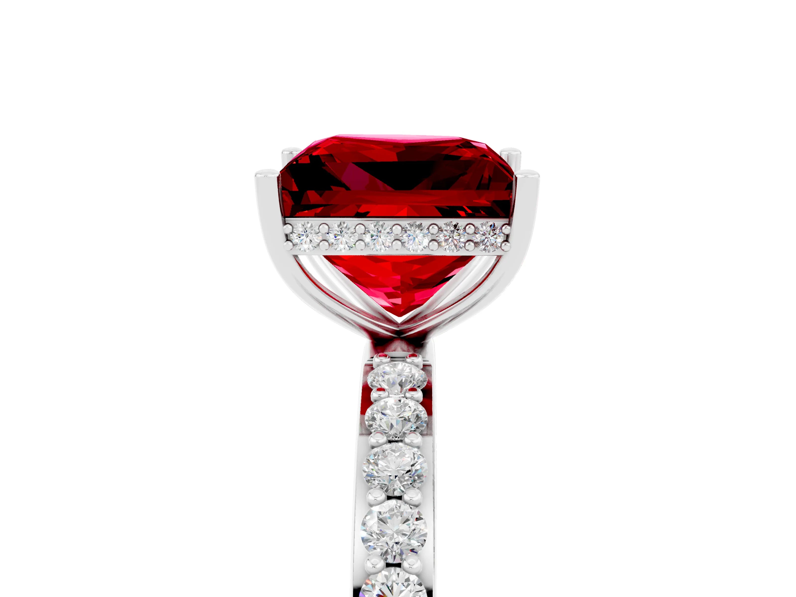 White gold Princess Cut Ruby Solitaire Ring with Pavé Band and Hidden Halo_5