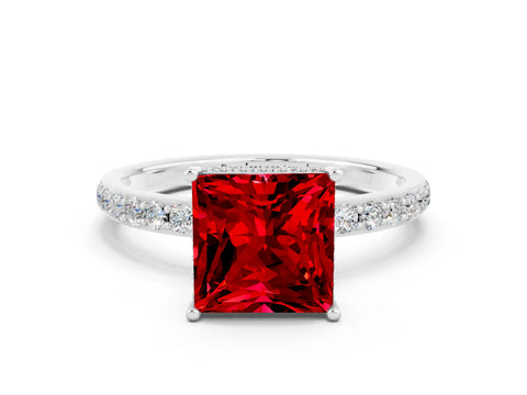 White gold Princess Cut Ruby Solitaire Ring with Pavé Band and Hidden Halo