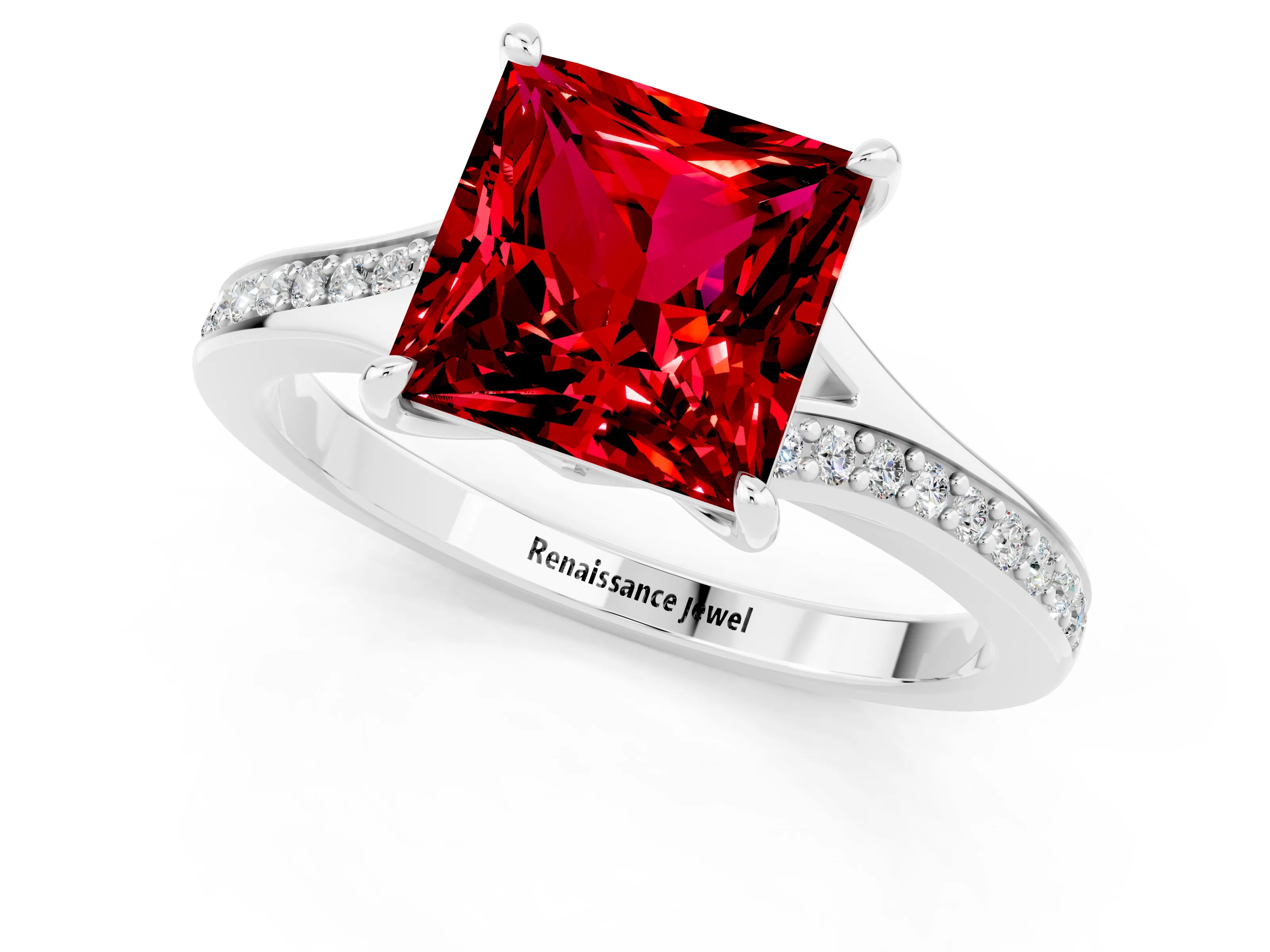 White gold Princess Cut Ruby Solitaire Ring with Pavé Band and Prong Setting_1