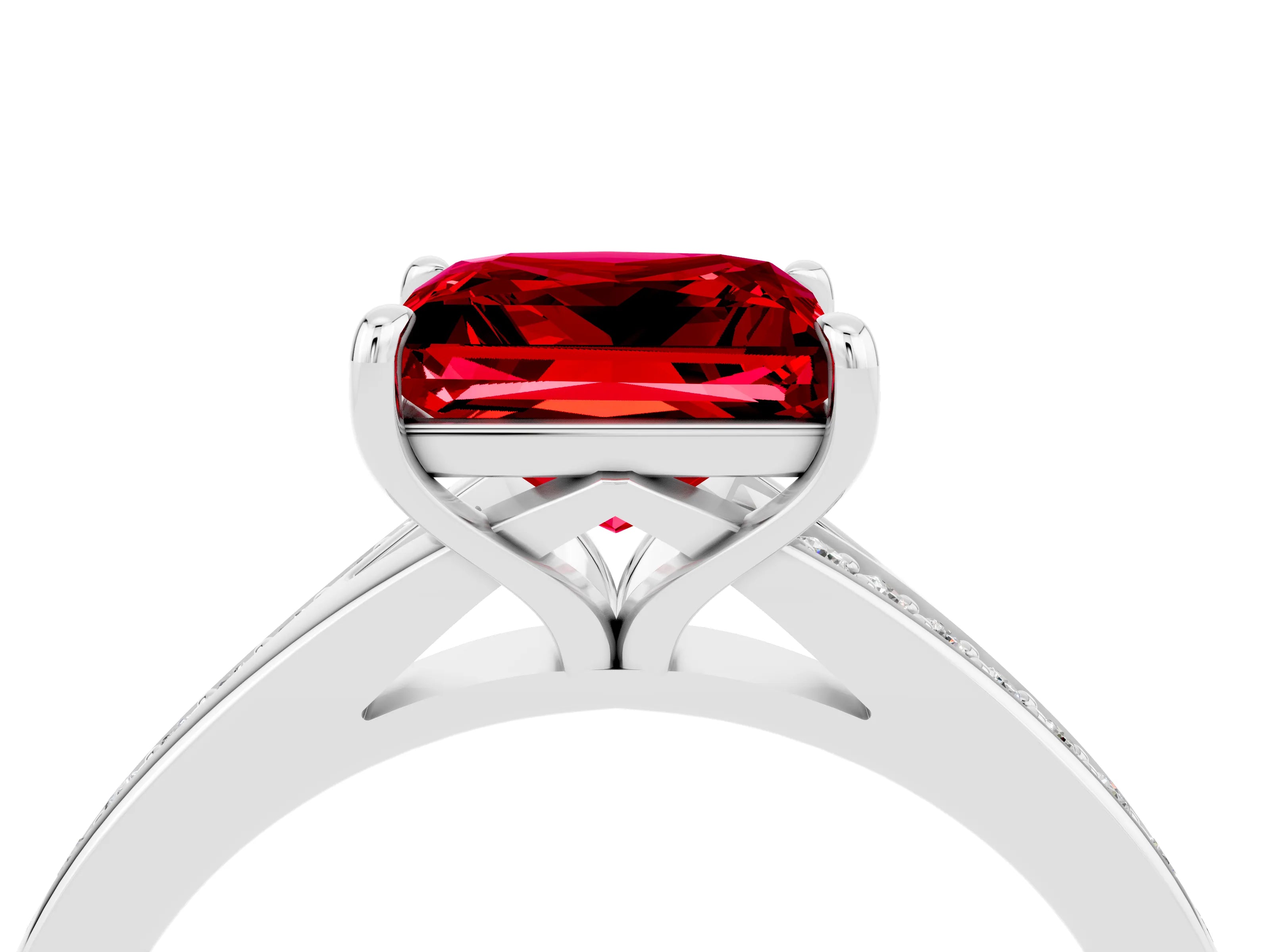 White gold Princess Cut Ruby Solitaire Ring with Pavé Band and Prong Setting_16