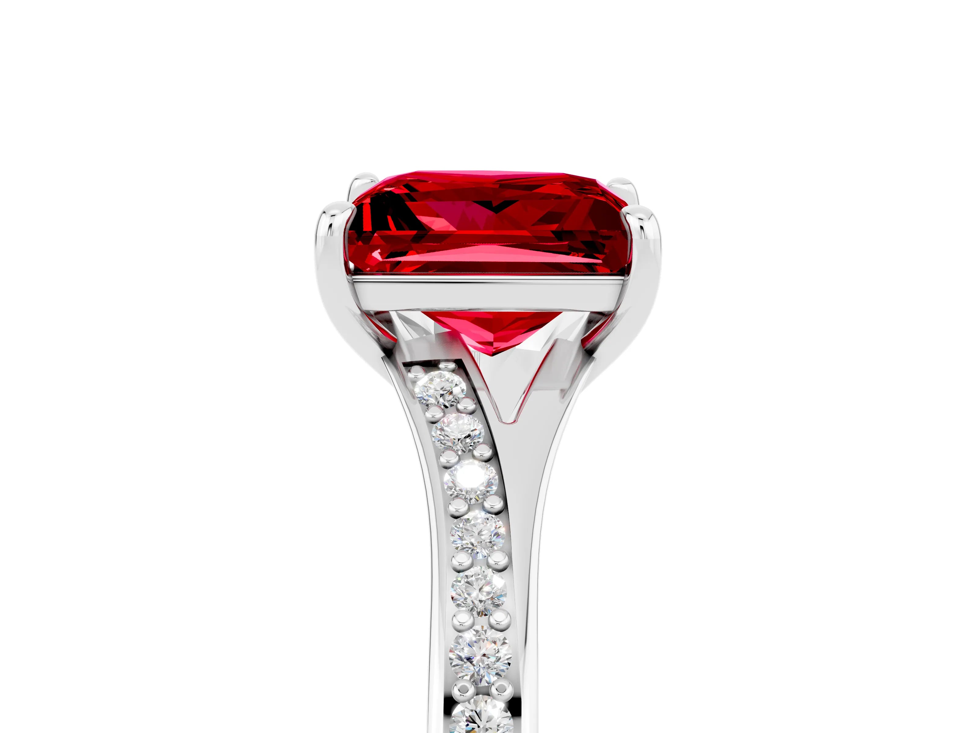 White gold Princess Cut Ruby Solitaire Ring with Pavé Band and Prong Setting_17