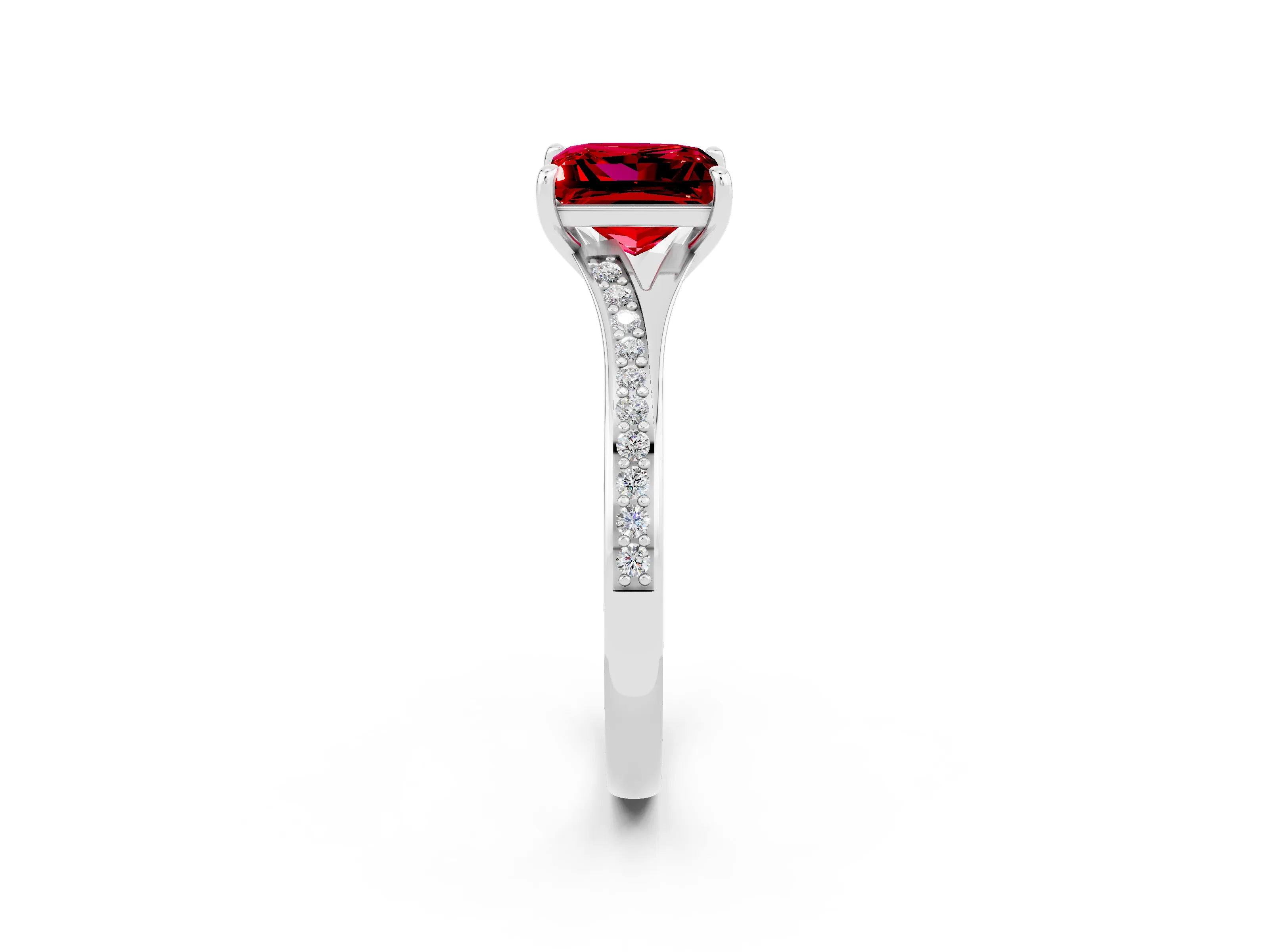 White gold Princess Cut Ruby Solitaire Ring with Pavé Band and Prong Setting_2