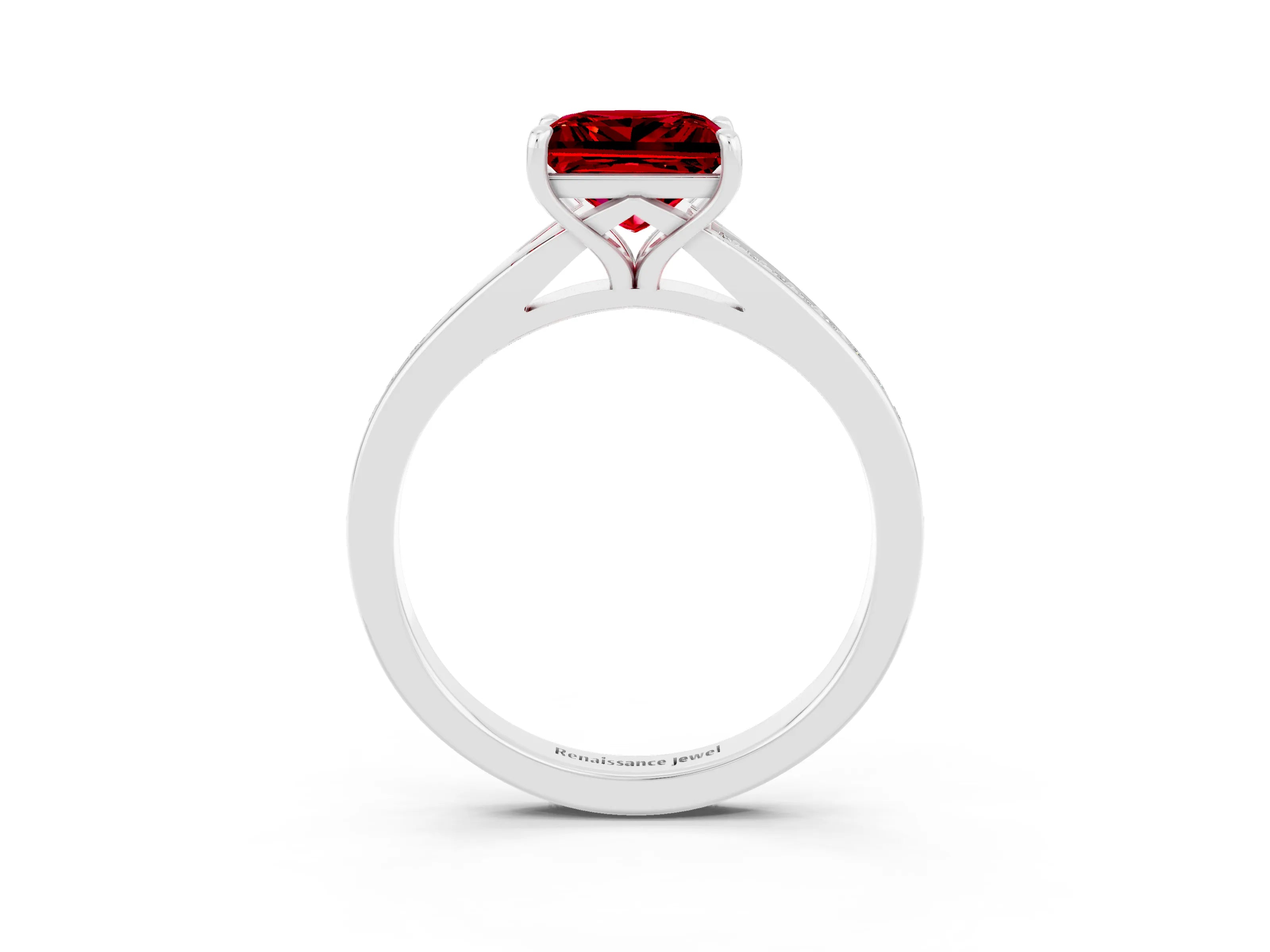 White gold Princess Cut Ruby Solitaire Ring with Pavé Band and Prong Setting_3