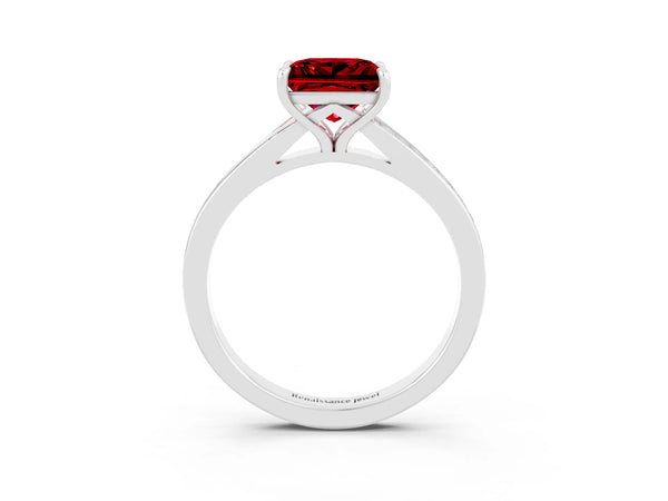 White gold Princess Cut Ruby Solitaire Ring with Pavé Band and Prong Setting
