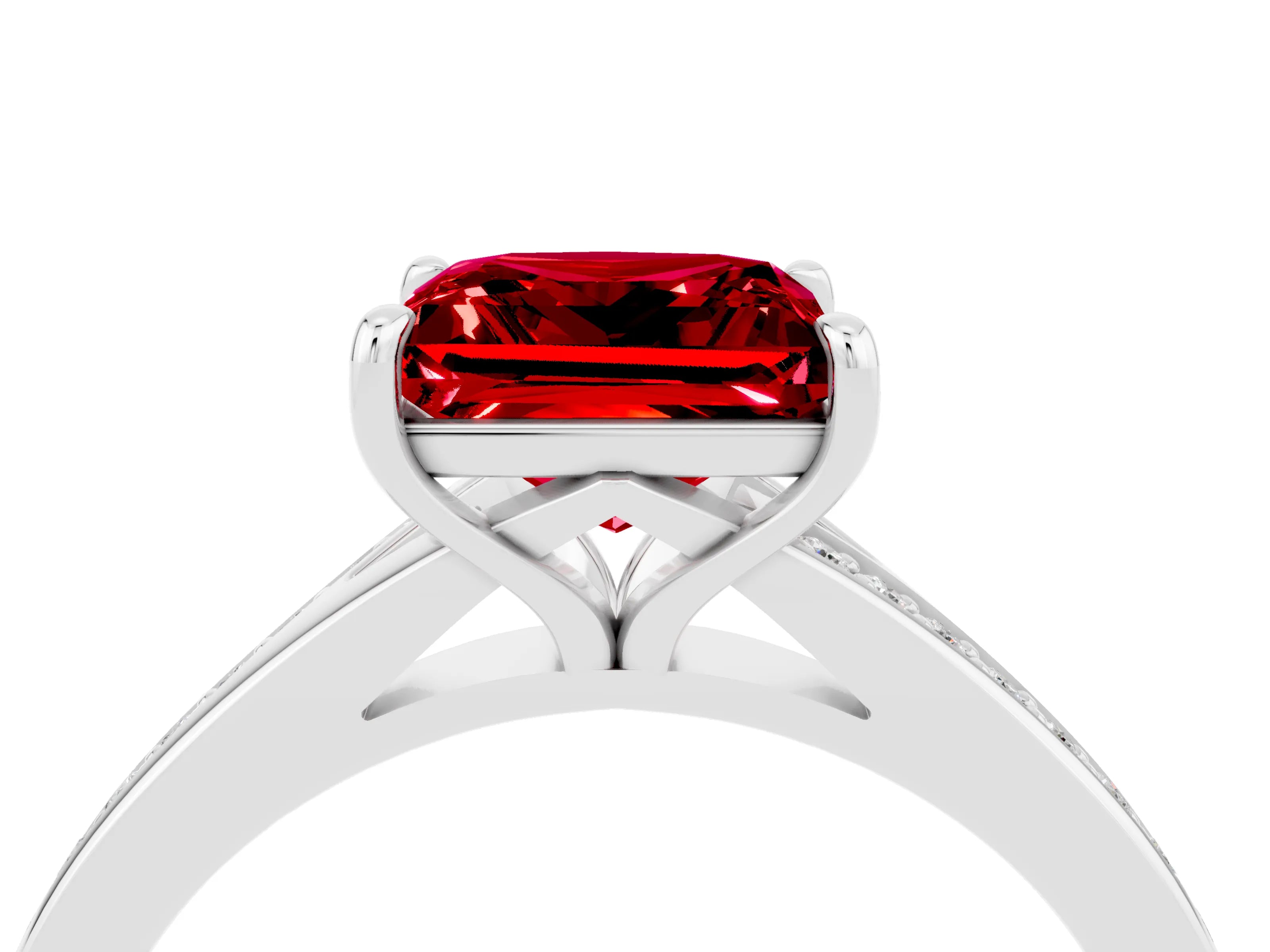 White gold Princess Cut Ruby Solitaire Ring with Pavé Band and Prong Setting_4