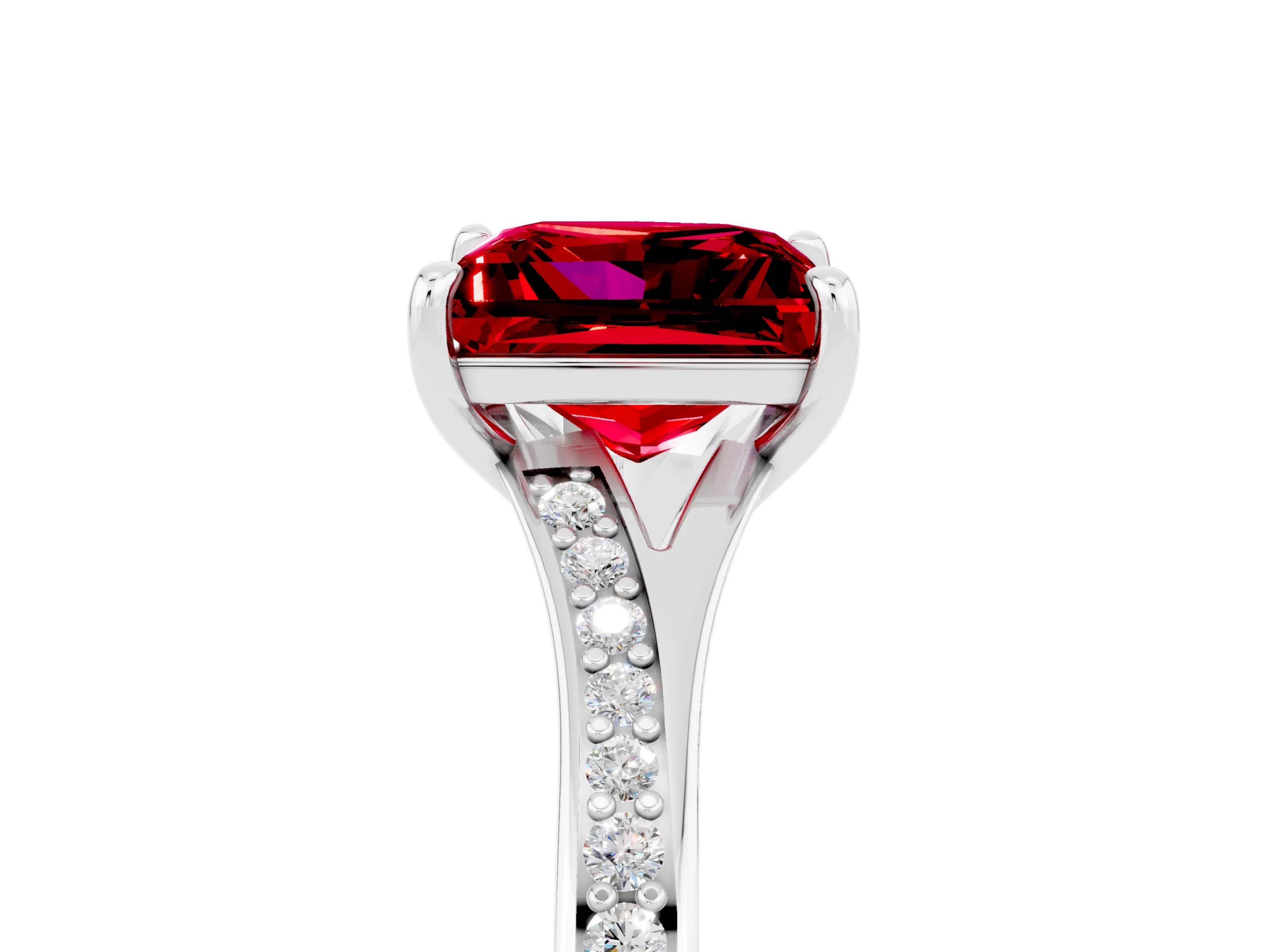 White gold Princess Cut Ruby Solitaire Ring with Pavé Band and Prong Setting_5