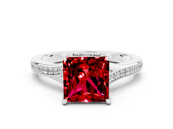 Silver Princess Cut Ruby Solitaire Ring with Pavé Band and Prong Setting