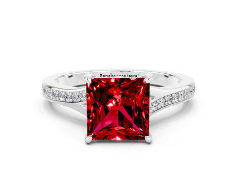 White gold Princess Cut Ruby Solitaire Ring with Pavé Band and Prong Setting