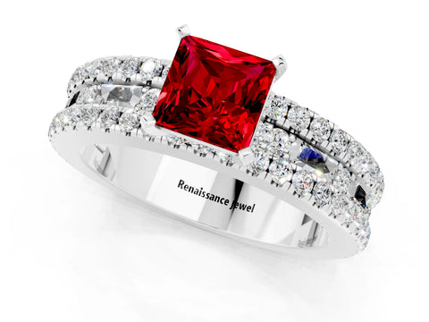 White gold Princess Cut Ruby Solitaire Ring with Pavé and Channel Set Band_1