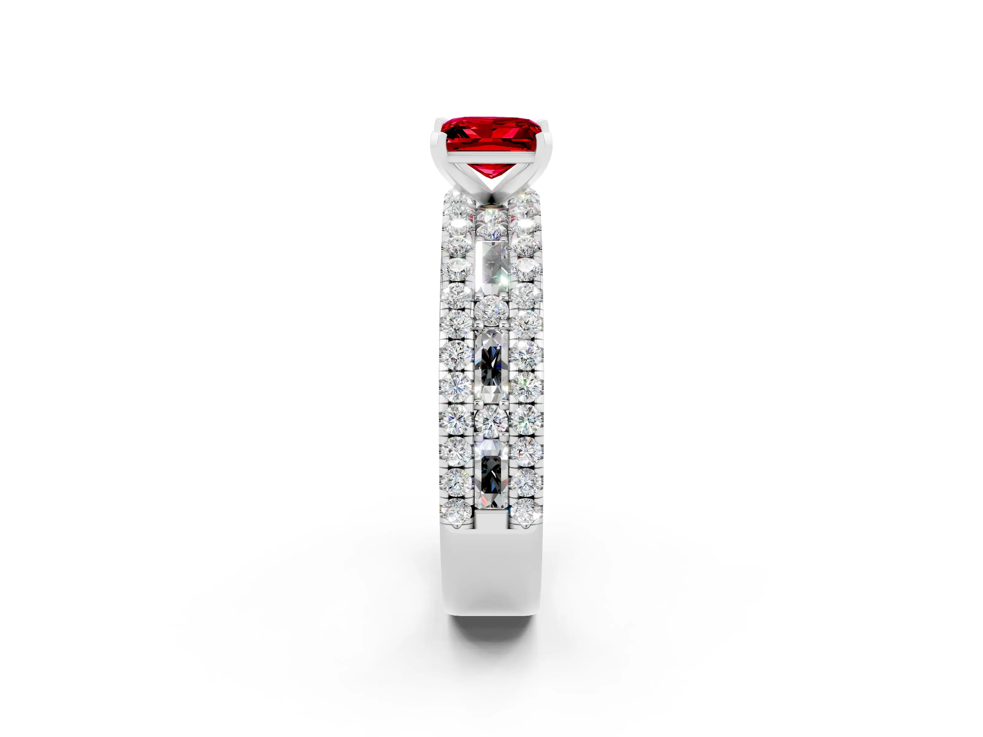 White gold Princess Cut Ruby Solitaire Ring with Pavé and Channel Set Band_2