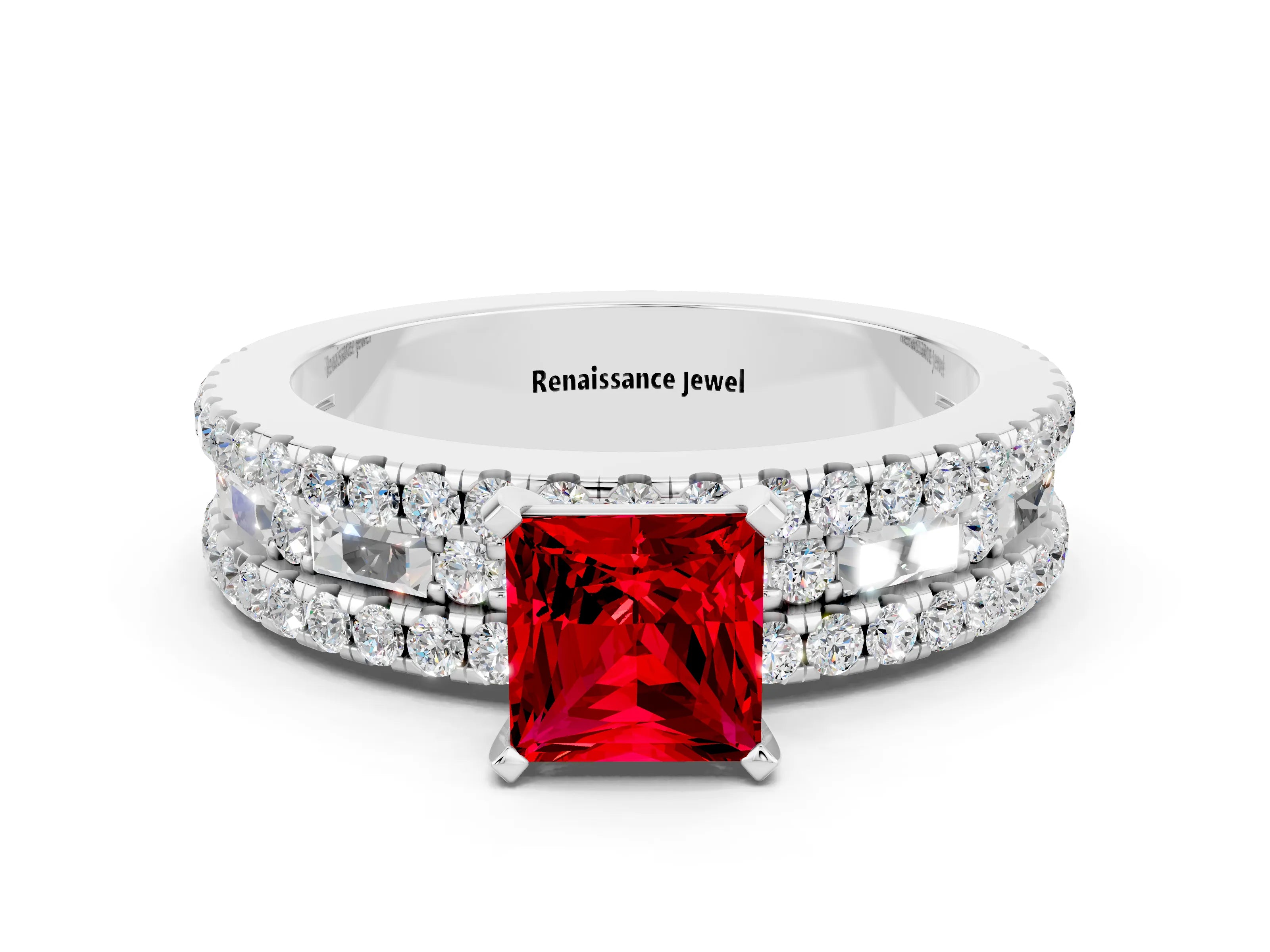 White gold Princess Cut Ruby Solitaire Ring with Pavé and Channel Set Band