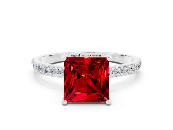 Platinum Princess Cut Ruby Solitaire Ring with Round  Pavé Band and Prong Setting