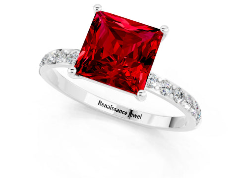 White gold Princess Cut Ruby Solitaire Ring with Pave Band and Four Prong Setting_25