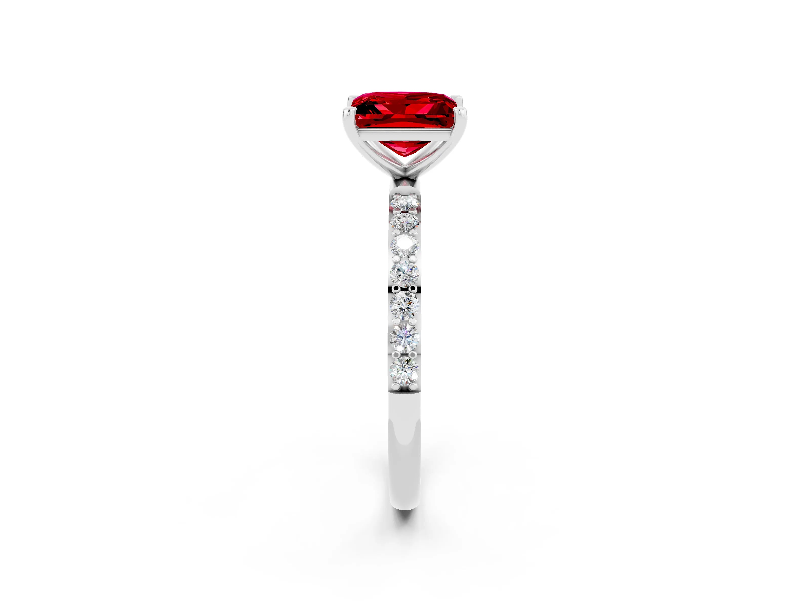White gold Princess Cut Ruby Solitaire Ring with Pave Band and Four Prong Setting_26