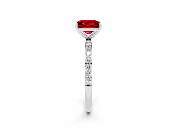 White gold Princess Cut Ruby Solitaire Ring with Round  Pavé Band and Prong Setting