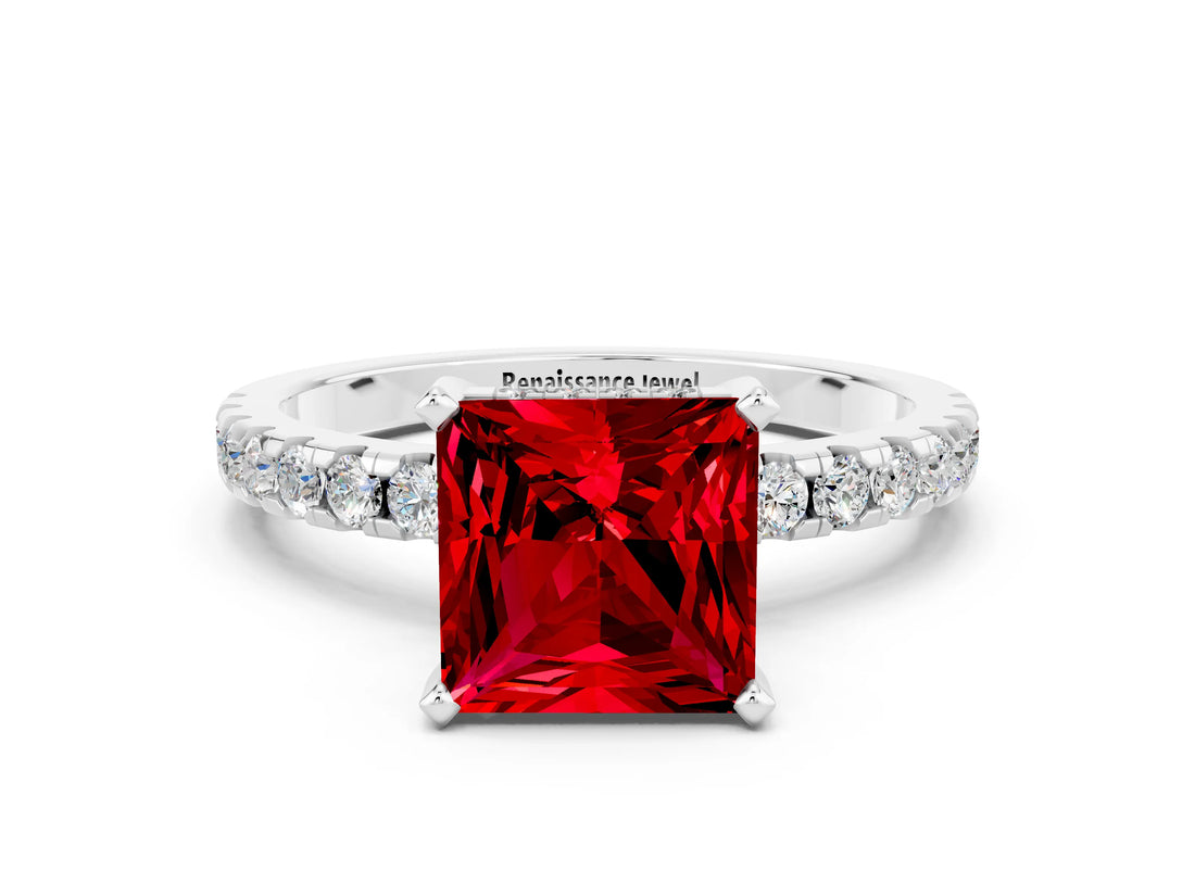 White gold Princess Cut Ruby Solitaire Ring with Round  Pavé Band and Four-Prong Setting_48