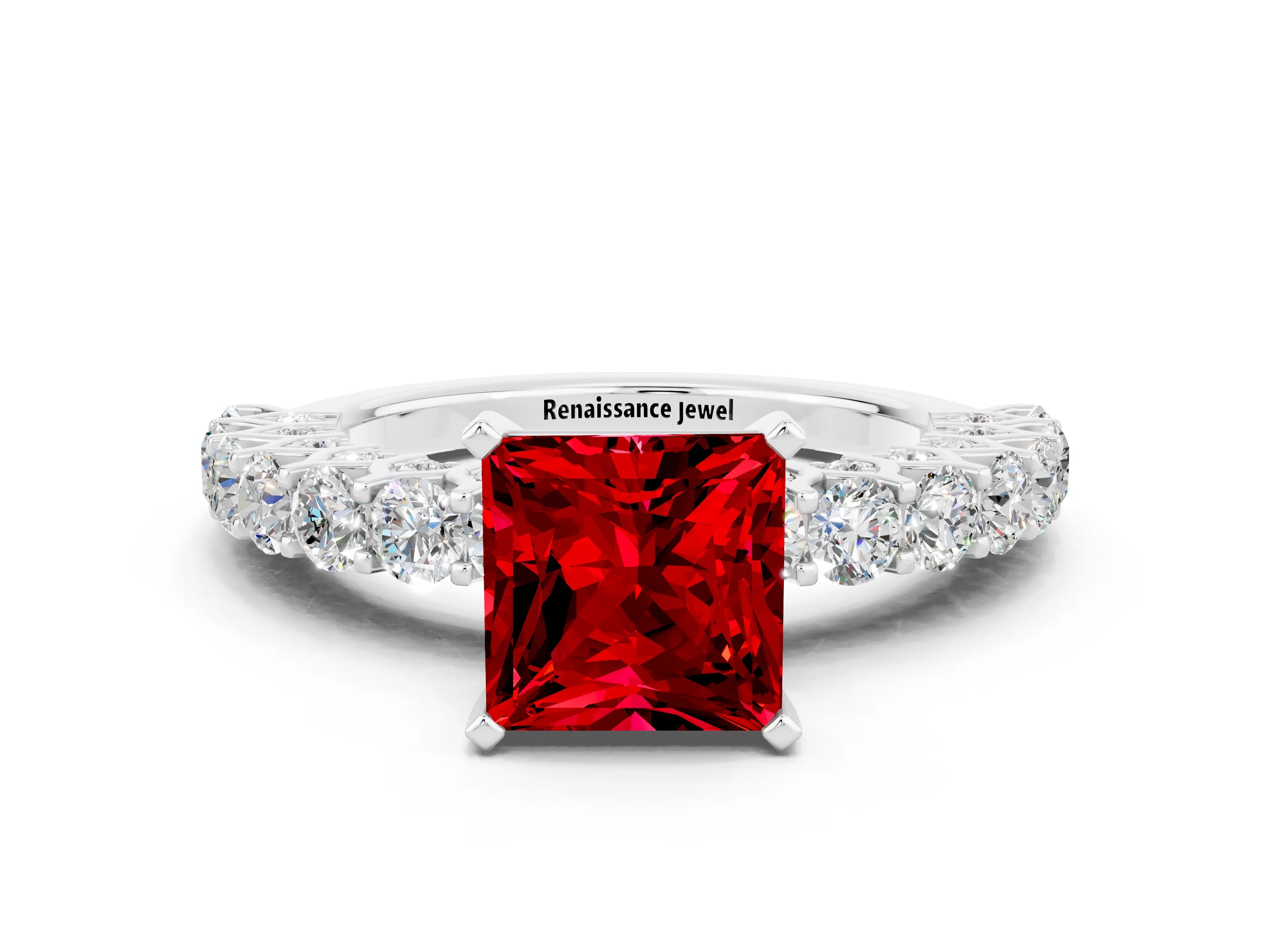 White gold Princess Cut Ruby Solitaire Ring with Shared Prong Pavé Band and Four-Prong Setting