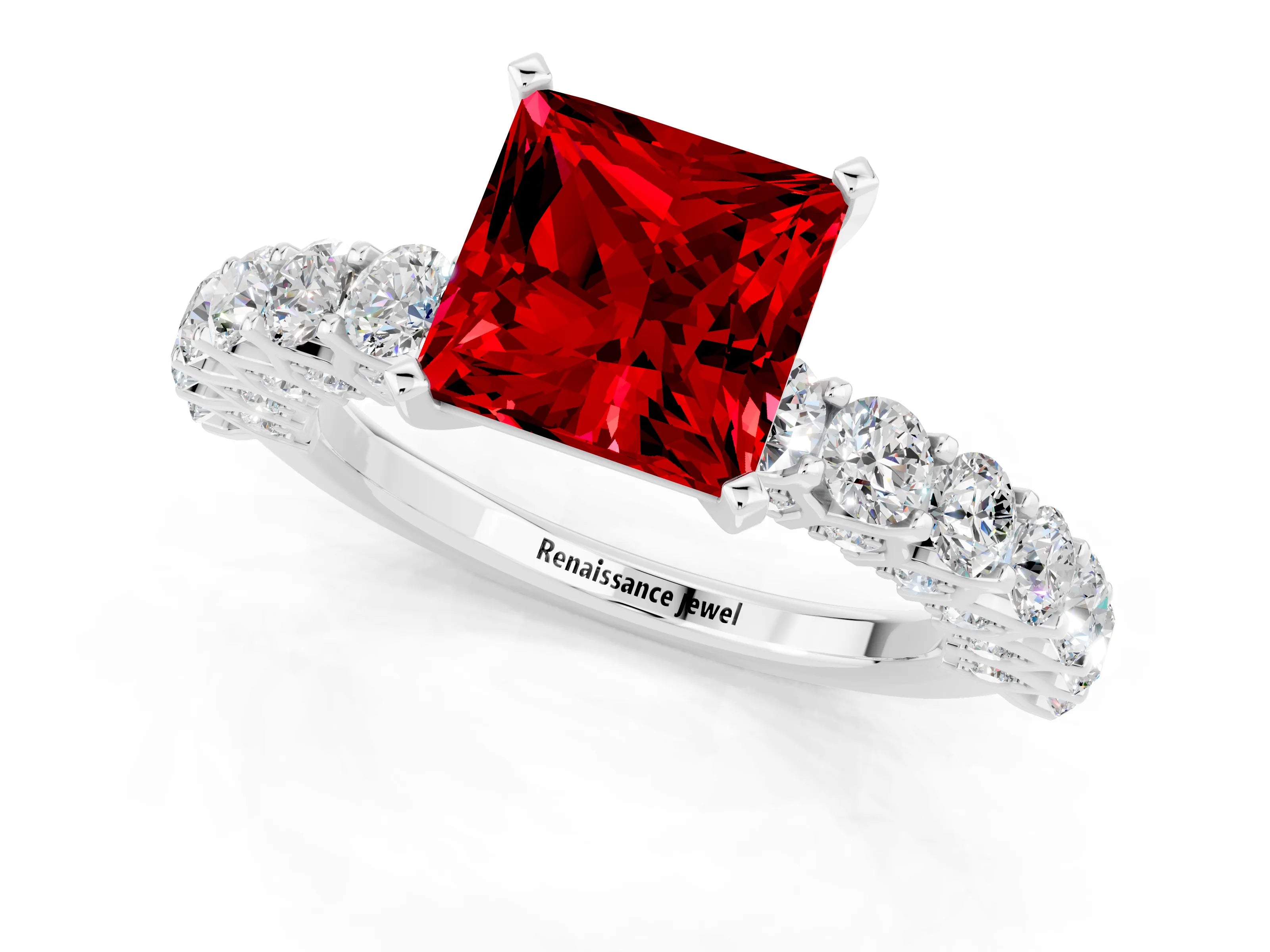 White gold Princess Cut Ruby Solitaire Ring with Shared Prong Pavé Band and Four-Prong Setting_1