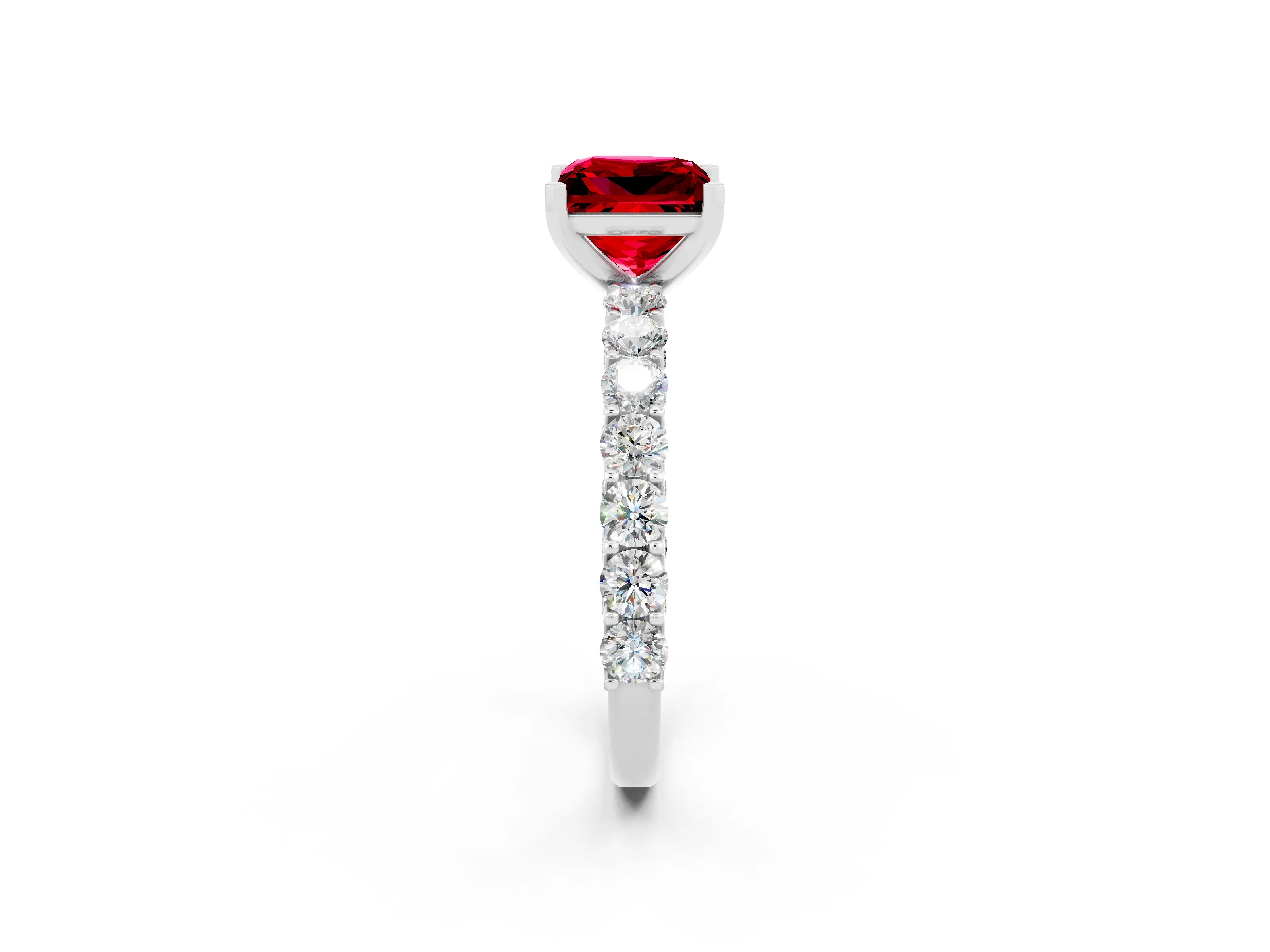 White gold Princess Cut Ruby Solitaire Ring with Shared Prong Pavé Band and Four-Prong Setting_2