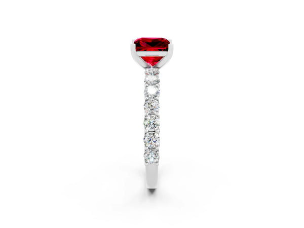 White gold Princess Cut Ruby Solitaire Ring with Shared Prong Pavé Band and Four-Prong Setting