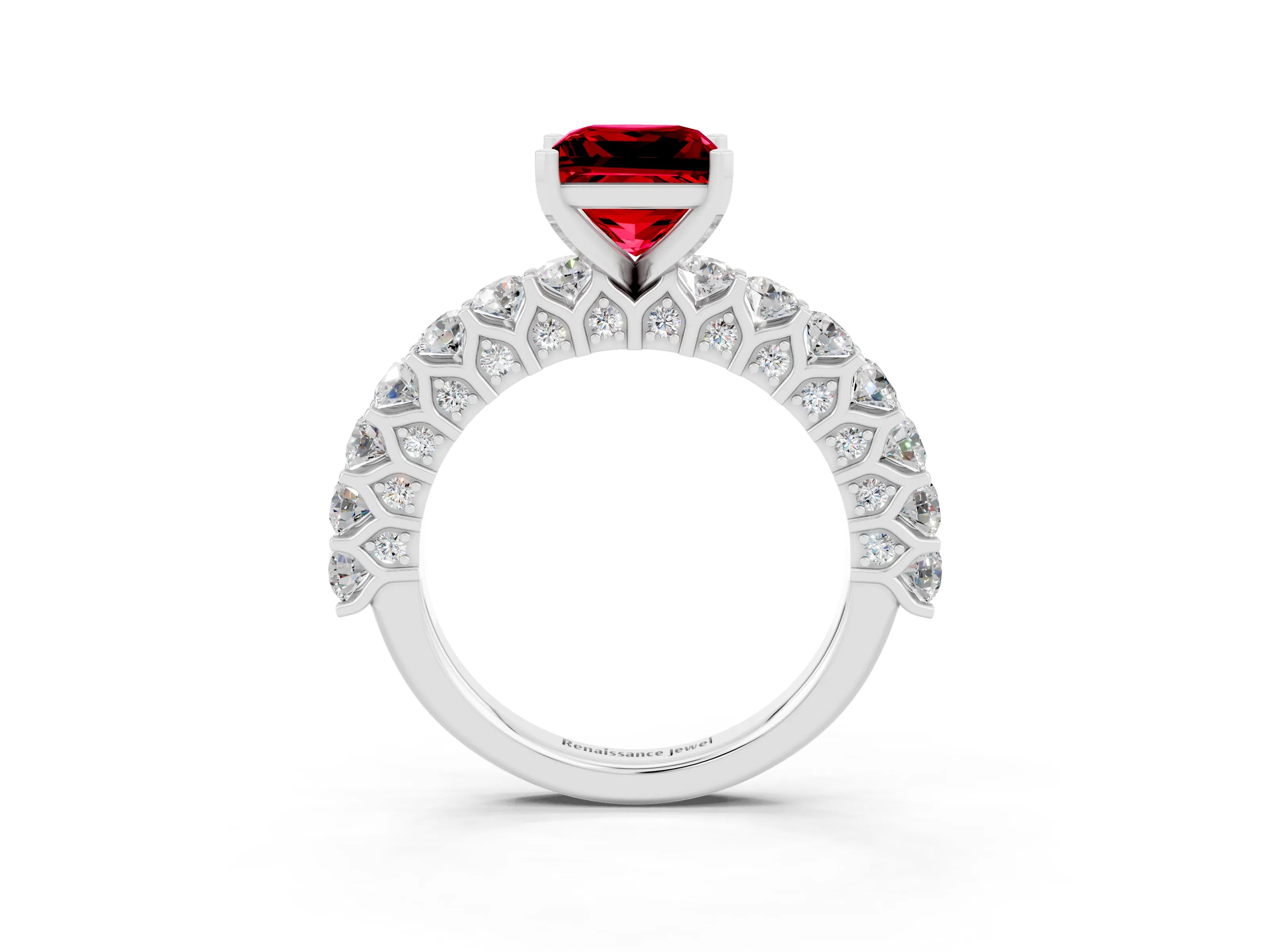 White gold Princess Cut Ruby Solitaire Ring with Shared Prong Pavé Band and Four-Prong Setting_3