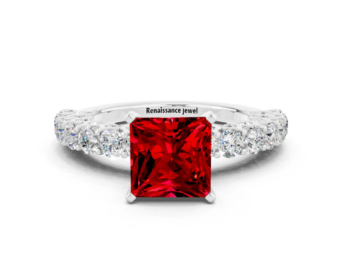 White gold Princess Cut Ruby Solitaire Ring with Shared Prong Pavé Band and Four-Prong Setting