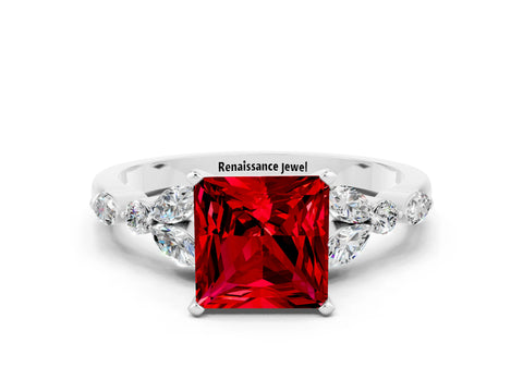 White gold Princess Cut Ruby Solitaire Ring with Side Stones and Four-Prong Setting_12