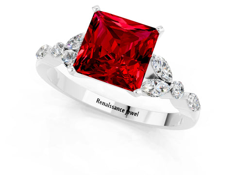 White gold Princess Cut Ruby Solitaire Ring with Side Stones and Four-Prong Setting_13