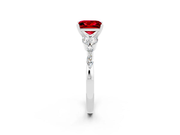 Platinum Princess Cut Ruby Solitaire Ring with Side Stones and Four-Prong Setting