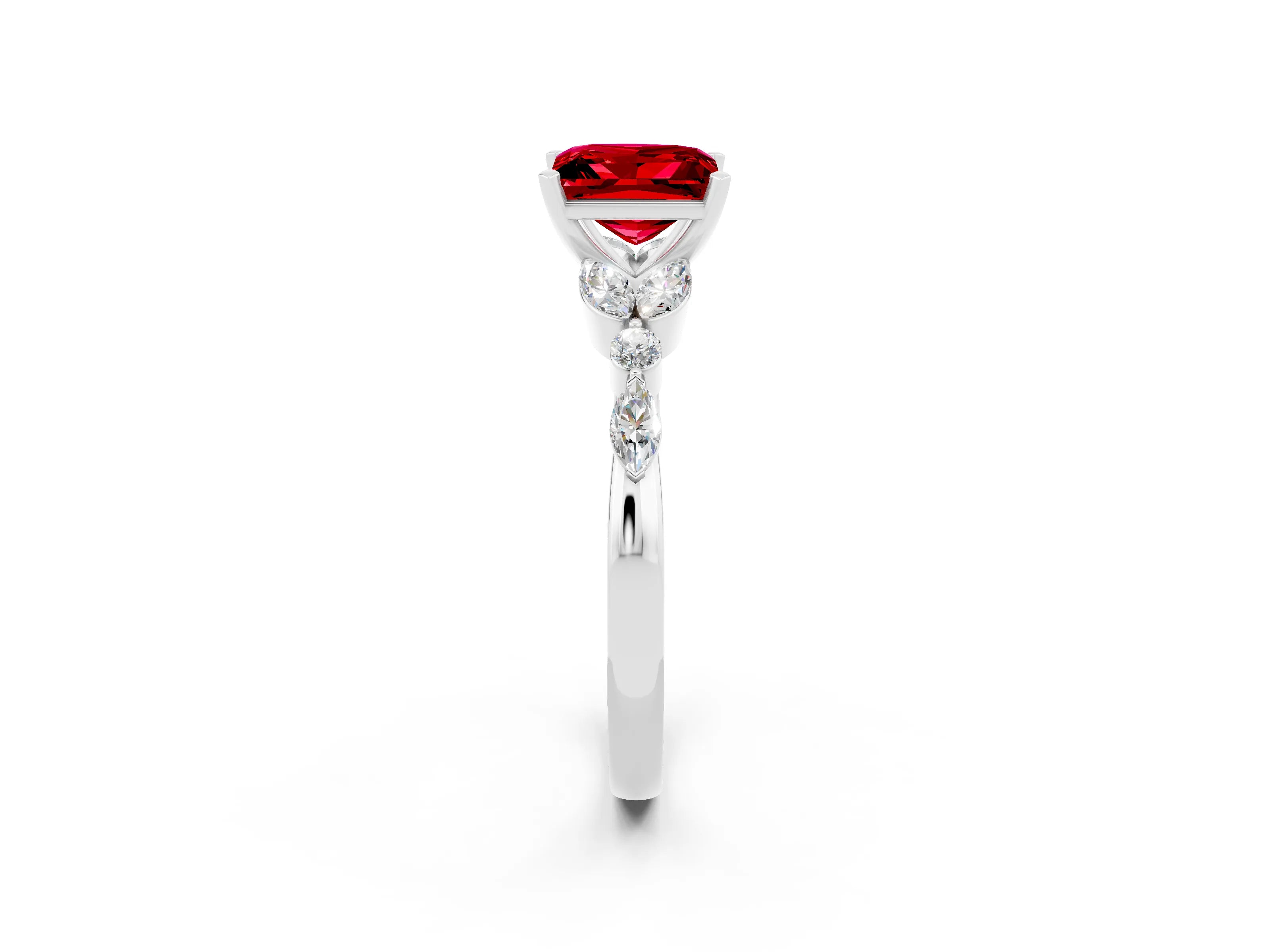 White gold Princess Cut Ruby Solitaire Ring with Side Stones and Four-Prong Setting_14