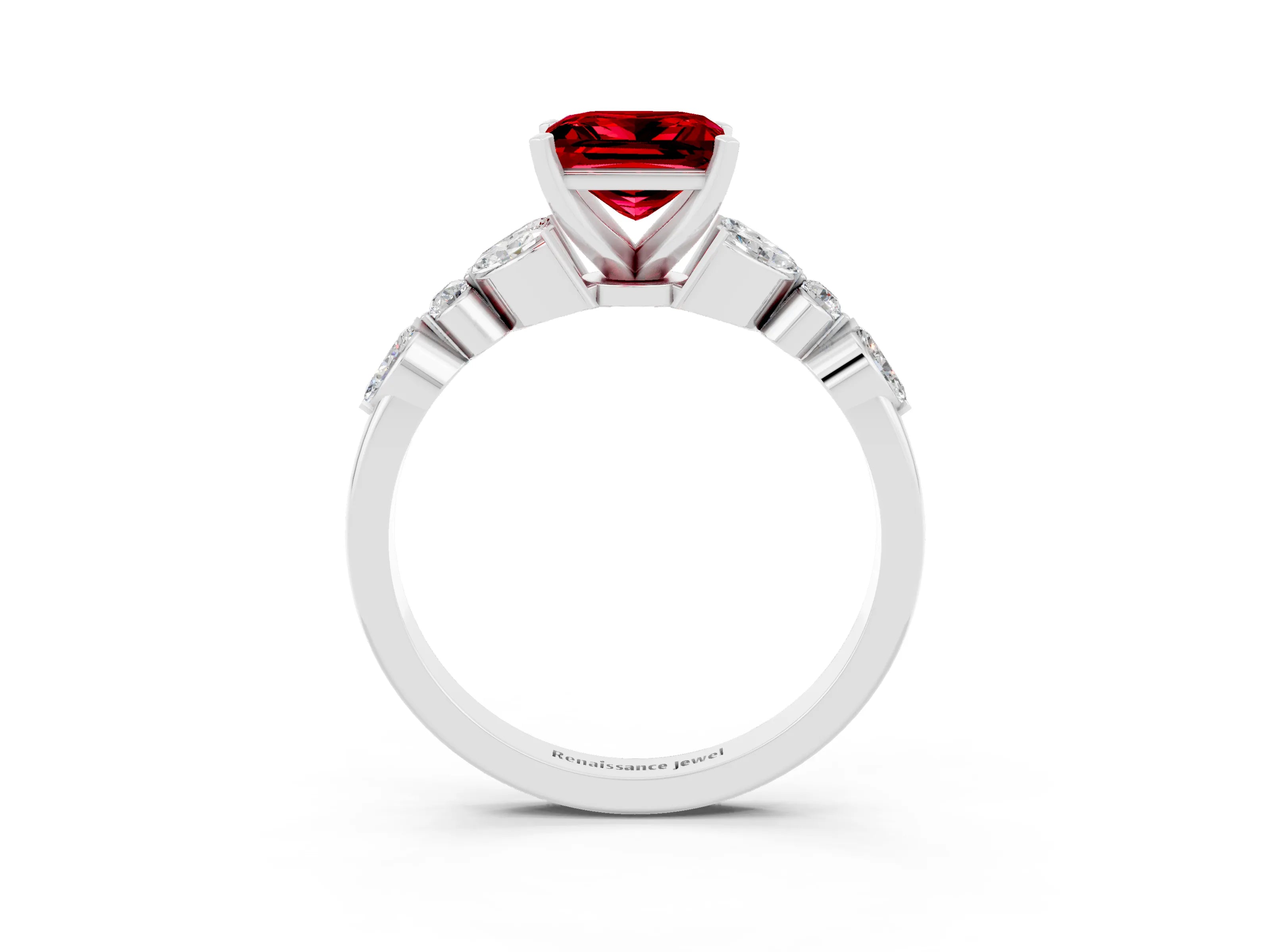 White gold Princess Cut Ruby Solitaire Ring with Side Stones and Four-Prong Setting_15